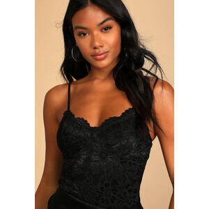 Lulus Midnight Romance Black Lace Bodysuit - Size S